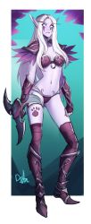 Rule 34 | 1girl, armor, bikini armor, boots, breasts, closed mouth, colored skin, commission, contrapposto, distr, elf, full body, gauntlets, grey skin, highres, long eyebrows, long hair, looking at viewer, medium breasts, navel, night elf (warcraft), pauldrons, pointy ears, shoulder armor, signature, smile, solo, thighhighs, warcraft, weapon request, white eyes, white hair, world of warcraft