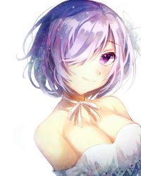 Rule 34 | 1girl, bare shoulders, blush, breasts, cleavage, closed mouth, deep (deep4946), dress, fate/grand order, fate (series), hair over one eye, highres, looking at viewer, mash kyrielight, mash kyrielight (formal dress), medium breasts, official alternate costume, purple eyes, purple hair, short hair, smile, solo, upper body, white dress