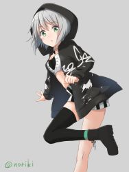 Rule 34 | 1girl, aoba moca, artist name, bang dream!, black footwear, black jacket, black thighhighs, blush, breasts, cleavage, clothes writing, commentary request, cross-laced clothes, cross-laced top, green eyes, grey background, grey hair, highres, honorikiti, hood, hood up, hooded jacket, jacket, jewelry, leg up, midriff, necklace, open clothes, open jacket, open mouth, short hair, shorts, simple background, single thighhigh, solo, striped clothes, striped shorts, thighhighs, vertical-striped clothes, vertical-striped shorts