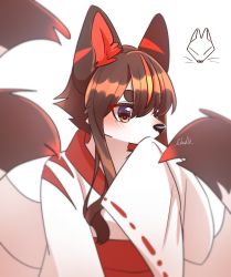 Rule 34 | 1girl, animal ears, black hair, blush, female focus, fox ears, fox tail, furry, furry female, highres, japanese clothes, miko, multicolored hair, multiple tails, nachiwanko, original, short hair with long locks, sidelocks, simple background, sleeves past wrists, solo, tail, upper body, white background, wide sleeves
