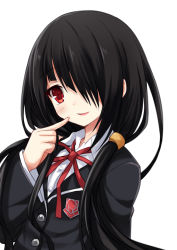 Rule 34 | 10s, 1girl, :d, bad id, bad pixiv id, black hair, blazer, blush, date a live, emblem, female focus, hair over one eye, hairband, highres, impossible clothes, jacket, long hair, looking at viewer, open mouth, parted lips, red eyes, red ribbon, ribbon, school uniform, simple background, smile, solo, tareme, tokisaki kurumi, uniform, white background, yoooli