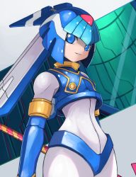 Rule 34 | 1girl, android, blue eyes, bodysuit, breasts, capcom, commentary request, cowboy shot, helmet, highres, fairy leviathan (mega man), light smile, mega man (series), mega man zero (series), small breasts, solo, tesshii (riza4828), thighhighs, weapon