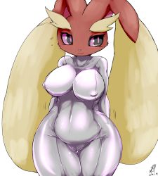 Rule 34 | 1girl, :3, animal ears, arms behind back, artist name, black eyes, blush, bodysuit, breasts, closed mouth, clothed pokemon, colored sclera, cottontail, covered collarbone, covered erect nipples, covered navel, creatures (company), dated, female focus, flying sweatdrops, furry, furry female, game freak, gen 4 pokemon, highres, large breasts, light blush, looking away, looking to the side, lopunny, nintendo, pink sclera, pokemon, pokemon (creature), rabbit ears, shiny clothes, shy, signature, simple background, skin tight, smile, solo, thick thighs, thighs, white background, white bodysuit, wide hips