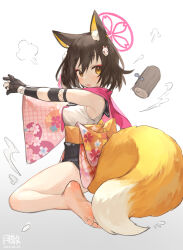 Rule 34 | 1girl, animal ears, barefoot, black gloves, black hair, black sailor collar, black skirt, blue archive, breasts, brown eyes, dated, eyeshadow, feet, fox ears, fox tail, gloves, gradient background, halo, highres, izuna (blue archive), makeup, medium breasts, neckerchief, obi, open mouth, partially fingerless gloves, pink eyeshadow, pink halo, pink neckerchief, pink scarf, pleated skirt, sailor collar, sash, scarf, short hair, signature, skirt, soles, solo, tail, toes, tsukibara