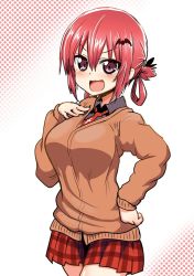 Rule 34 | 1girl, :3, :d, blush, breasts, cardigan, cowboy shot, fang, gabriel dropout, hair between eyes, hair ornament, hair rings, halftone, halftone background, hand on own hip, hand on own chest, satanichia kurumizawa mcdowell, large breasts, long sleeves, looking at viewer, necktie, open mouth, plaid, plaid skirt, pleated skirt, purple eyes, red hair, school uniform, short hair, skirt, smile, solo, take (shokumu-taiman)