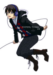 Rule 34 | 1boy, aged down, boots, brown hair, character name, full body, glasses, grey eyes, headphones, hiyama kiyoteru, hiyama kiyoteru (vocaloid4), looking at viewer, male focus, mouri, simple background, smile, solo, sweater, v4x, vocaloid, white background