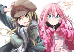 Rule 34 | 2girls, ahoge, blush, brown eyes, cabbie hat, closed mouth, coat, commentary request, fingerless gloves, gloves, green eyes, hands on own cheeks, hands on own face, happy birthday, hat, highres, inuyama aoi, kagamihara nadeshiko, light brown hair, long hair, looking at viewer, multiple girls, n2midori, pink coat, pink hair, scarf, smile, very long hair, yurucamp