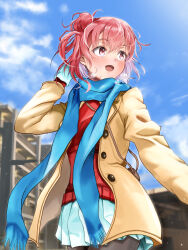 Rule 34 | 1girl, :d, bag, black pantyhose, blue scarf, blue sky, blush, brown coat, chokin tsucho, cloud, coat, commentary request, cowboy shot, day, fringe trim, gloves, hair between eyes, hair bun, hand up, highres, long sleeves, looking away, looking to the side, open clothes, open coat, open mouth, outdoors, pantyhose, pleated skirt, red eyes, red hair, red sweater, scarf, shoulder bag, single side bun, skirt, sky, smile, solo, standing, sweater, white gloves, white skirt, yahari ore no seishun lovecome wa machigatteiru., yuigahama yui