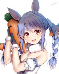 Rule 34 | 1girl, animal ear fluff, animal ears, black gloves, blue hair, blush, braid, breasts, carrot, carrot hair ornament, cleavage, commentary request, food-themed hair ornament, gloves, hair ornament, highres, hololive, long hair, looking at viewer, medium breasts, multicolored hair, open mouth, rabbit ears, smile, solo, twin braids, two-tone hair, usada pekora, usada pekora (1st costume), virtual youtuber, white background, white hair, wsman