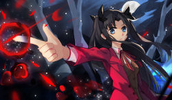 Rule 34 | 1girl, absurdres, black hair, blue eyes, fate/stay night, fate (series), full moon, highres, jacket, moon, pointing, red jacket, solo, tohsaka rin, tsubasa19900920, two side up