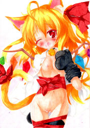Rule 34 | 1girl, ahoge, animal ears, bad id, bad pixiv id, blonde hair, cat ears, cat girl, cat tail, female focus, flandre scarlet, highres, kemonomimi mode, looking at viewer, naked ribbon, nude, open mouth, pussy, red eyes, ribbon, solo, tail, tinkvov, touhou, uncensored, wince
