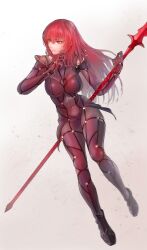 Rule 34 | 1girl, absurdres, armor, bodysuit, breasts, fate/grand order, fate (series), full body, gae bolg (fate), highres, large breasts, long hair, looking to the side, pauldrons, polearm, purple bodysuit, purple hair, red eyes, scathach (fate), shoulder armor, solo, spear, tonko from, weapon