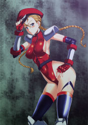 Rule 34 | 1girl, alternate costume, arm up, armor, armpits, belt, black thighhighs, blue eyes, blush, bodypaint, braid, breasts, cammy white, capcom, cosplay, covered erect nipples, elbow gloves, embarrassed, fingerless gloves, gloves, hand on own hip, hat, highleg, highleg leotard, hip focus, impossible clothes, large breasts, leaning forward, legs, leotard, long hair, m. bison, m bison (cosplay), military, military uniform, mituyama777, nekokan (cat&#039;s cradle), peaked cap, red leotard, shiny clothes, shoulder pads, sideboob, skin tight, solo, street fighter, street fighter iv (series), thighhighs, thighs, turtleneck, twin braids, uniform