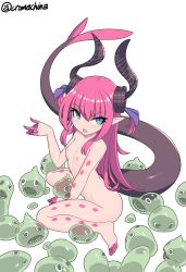 Rule 34 | 1girl, absurdres, bad id, bad twitter id, barefoot, blue eyes, blue ribbon, blush, breasts, cromachina, curled horns, dragon girl, dragon horns, dragon tail, elizabeth bathory (fate), elizabeth bathory (fate/extra ccc), fate/extra, fate/extra ccc, fate (series), from side, hair ribbon, highres, horns, long hair, looking at viewer, looking back, nipples, nude, open mouth, pink hair, pointy ears, ribbon, simple background, sitting, slime (creature), small breasts, solo, tail, twitter username, two side up, very long hair, wariza, white background