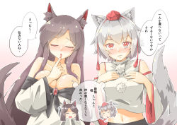 Rule 34 | 2girls, :o, animal ear fluff, animal ears, arnest, bare shoulders, blush, breasts, brooch, brown hair, chibi, chibi inset, cleavage, collarbone, detached sleeves, closed eyes, finger to mouth, hat, imaizumi kagerou, inubashiri momiji, jewelry, large breasts, long hair, long sleeves, looking at viewer, multiple girls, nail polish, open mouth, pom pom (clothes), red eyes, red nails, shirt, short hair, silver hair, speech bubble, tail, tokin hat, touhou, translation request, wolf ears, wolf tail