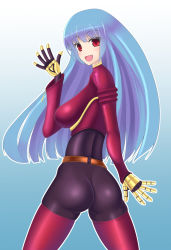 Rule 34 | 1girl, ass, belt, blue hair, blush, bodysuit, breasts, dura, from behind, gloves, highres, kula diamond, large breasts, long hair, looking at viewer, open mouth, pants, red eyes, sideboob, smile, snk, solo, the king of fighters, tight clothes, tight pants, very long hair