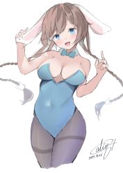 Rule 34 | 1girl, absurdres, animal ears, asuna (bunny) (blue archive) (cosplay), black pantyhose, blue archive, blue eyes, blue leotard, blush, braid, breasts, brown hair, calin, cosplay, cropped legs, dated, detached collar, fake animal ears, highres, kantai collection, large breasts, leotard, long hair, open mouth, pantyhose, playboy bunny, rabbit ears, signature, simple background, smile, solo, strapless, strapless leotard, teruzuki (kancolle), twin braids, white background