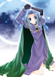 Rule 34 | 00s, 1girl, arms up, asymmetrical clothes, black gloves, blue eyes, blue hair, blush, cape, dress, elbow gloves, fate/stay night, fate (series), gloves, kneeling, long dress, looking away, matching hair/eyes, medea (fate), own hands together, purple dress, solo, tamaoka kagari