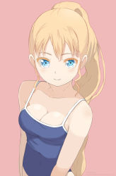 Rule 34 | 1girl, asobi asobase, bad id, bad twitter id, bare arms, bare shoulders, blonde hair, blue eyes, blue one-piece swimsuit, breasts, cleavage, collarbone, colored eyelashes, commentary request, covered navel, long hair, medium breasts, olivia (asobi asobase), one-piece swimsuit, pink background, ponytail, school swimsuit, sidelocks, simple background, solo, swimsuit, tamakorogashi, very long hair
