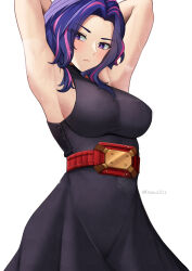 Rule 34 | 1girl, absurdres, armpits, arms behind head, arms up, belt, black dress, boku no hero academia, breasts, dress, highres, impossible clothes, impossible dress, lady nagant, large breasts, medium hair, multicolored hair, nassss, purple eyes, purple hair, sideboob, sleeveless, sleeveless dress, sleeveless turtleneck, solo, streaked hair, sweat, taut clothes, taut dress, turtleneck, turtleneck dress, twitter username, two-tone hair, wavy hair