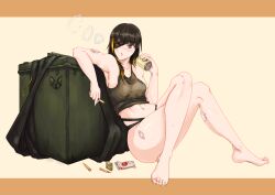 Rule 34 | 1girl, blush, breasts, brown hair, bullet, cigarette, cigarette pack, eyepatch, girls&#039; frontline, highres, holding, holding cigarette, knees together feet apart, long hair, m16a1 (girls&#039; frontline), medium breasts, mole, mole under eye, multicolored hair, scar, scar across eye, scar on face, shirt, smoking, solo, toes, velminth