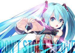 Rule 34 | 1girl, aqua eyes, aqua hair, bad id, bad pixiv id, bare shoulders, commentary, detached sleeves, hair ornament, hatsune miku, headset, heart, heart hands, lens flare, long hair, necktie, outstretched arms, solo, takepon1123, turning head, twintails, upper body, very long hair, vocaloid