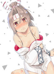 Rule 34 | 1girl, angry, bare shoulders, barefoot, blush, breasts, brown eyes, brown hair, closed mouth, collarbone, embarrassed, glaring, grey hair, hair between eyes, headband, high ponytail, japanese clothes, kantai collection, kimono, kimono pull, long hair, nose blush, same no fukahire, scowl, sitting, small breasts, solo, tearing up, tears, wariza, wavy mouth, white kimono, wide sleeves, zuihou (kancolle)