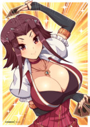 Rule 34 | 1girl, alternate breast size, between fingers, black bra, black gloves, bra, breasts, brown eyes, brown hair, card, choker, cleavage, collared shirt, duel academy uniform (yu-gi-oh! 5d&#039;s), elbow gloves, fingerless gloves, fingernails, gloves, holding, huge breasts, izayoi aki, jewelry, looking at viewer, medium hair, necklace, open clothes, open shirt, parted bangs, pink nails, puffy short sleeves, puffy sleeves, shirt, short sleeves, solo, underwear, upper body, virus-g, yu-gi-oh!, yu-gi-oh! 5d&#039;s