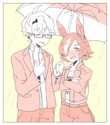 Rule 34 | 1boy, 1girl, :d, animal ears, blush, closed eyes, commentary request, crossed arms, ear ornament, glasses, hair between eyes, hair over one eye, highres, horse ears, horse girl, horse tail, jacket, long sleeves, maru (hachi 47923), monochrome, nose blush, open clothes, open jacket, open mouth, pants, rain, ribbed sweater, semi-rimless eyewear, shared umbrella, shirt, short eyebrows, smile, standing, sweat, sweater, tail, teeth, thick eyebrows, trainer (umamusume), turtleneck, turtleneck sweater, umamusume, umbrella, under-rim eyewear, upper teeth only, vodka (umamusume), yellow background