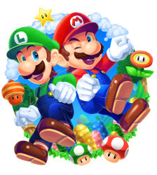 Rule 34 | 1-up mushroom, 2boys, :d, arm up, artist name, blue eyes, blue overalls, blue pants, blue sky, brothers, brown footwear, brown hair, buttons, cloud, day, facial hair, fire flower, flower, full body, gloves, green headwear, green shirt, hat, highres, hill, long sleeves, looking at another, luigi, male focus, mario, mario (series), multiple boys, mushroom, mustache, new super mario bros. u deluxe, nintendo, one eye closed, open mouth, overalls, pants, red headwear, red shirt, red socks, shirt, shoes, short hair, siblings, sideways glance, sky, smile, socks, striped clothes, striped socks, super acorn, super mushroom, super star (mario), teeth, tree, twitter username, upper teeth only, white background, white gloves, yuuma rimi