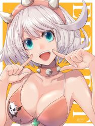 Rule 34 | 1girl, ahoge, bare shoulders, bikini, blue eyes, breasts, character name, cleavage, collar, collarbone, elphelt valentine, guilty gear, guilty gear strive, hairband, highres, large breasts, lips, mariebell, open mouth, pink bikini, pink hairband, short hair, simple background, solo, spiked collar, spiked hairband, spikes, swimsuit, teeth, tongue, white hair