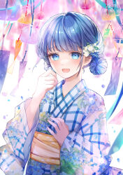 Rule 34 | 1girl, :d, absurdres, blue eyes, blue hair, checkered clothes, checkered kimono, commentary, double bun, fanged bangs, fingernails, floral print kimono, flower, hair bun, hair flower, hair ornament, hands up, highres, japanese clothes, kimono, kiritani haruka, light blush, mairu003, multicolored clothes, multicolored kimono, obi, official alternate hairstyle, open mouth, project sekai, sash, smile, solo, upper body, white flower, wind chime, yukata