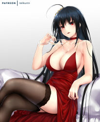 Rule 34 | 1girl, ahoge, alcohol, azur lane, bare shoulders, black hair, black thighhighs, blush, breasts, champagne flute, choker, cleavage, collarbone, crossed legs, cup, dress, drinking glass, elbow rest, female focus, garter straps, gradient background, hair between eyes, hair ornament, head tilt, holding, holding cup, huge breasts, lace, lace-trimmed legwear, lace trim, large breasts, long hair, looking at viewer, official alternate costume, open mouth, patreon username, pouring, pouring onto self, red dress, red eyes, rei kun, sideboob, simple background, sitting, smile, solo, taihou (azur lane), taihou (forbidden feast) (azur lane), thighhighs, thighs, very long hair