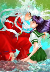 Rule 34 | 1boy, 1girl, artist request, black hair, dog ears, floating hair, from side, green skirt, hetero, higurashi kagome, imminent kiss, inuyasha, inuyasha (character), japanese clothes, jewelry, kneeling, leaf, long hair, necklace, pearl necklace, pleated skirt, profile, reflection, school uniform, serafuku, short sleeves, skirt, source request, water, wet, white hair, wide sleeves