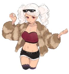 Rule 34 | 1girl, black shorts, black thighhighs, braid, braided bangs, breasts, brown jacket, cleavage, cowboy shot, cropped legs, cropped shirt, dark-skinned female, dark skin, eyewear on head, fugota6509, fur jacket, hands up, highres, jacket, kiratto pri chan, long hair, long sleeves, looking at viewer, medium breasts, navel, open clothes, open jacket, open mouth, original, pretty series, red eyes, red shirt, shirt, short shorts, shorts, sidelocks, simple background, solo, standing, sunglasses, thighhighs, twintails, white background, white hair