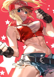 Rule 34 | 1girl, abs, absurdres, bare shoulders, baseball cap, belly, blonde hair, blue eyes, breasts, fatal fury, fatal fury cap, fingerless gloves, genderswap, genderswap (mtf), gloves, hat, highres, large breasts, looking at viewer, micro shorts, natsuko (summer 525528), navel, ponytail, shorts, smile, snk, snk heroines: tag team frenzy, solo, star (symbol), tank top, terry bogard, thighs, toned, underwear, vest