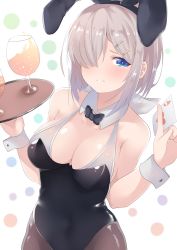 Rule 34 | 1girl, absurdres, ace (playing card), ace of hearts, animal ears, bare shoulders, black bow, black bowtie, black leotard, black pantyhose, blue eyes, blush, bow, bowtie, bra, breasts, card, cleavage, covered navel, cup, detached collar, drinking glass, dyson (edaokunnsaikouya), fake animal ears, glass, hair between eyes, hair ornament, hair over one eye, hamakaze (kancolle), heart, highres, holding, holding card, kantai collection, large breasts, leotard, looking at viewer, medium breasts, pantyhose, playboy bunny, playing card, poker, polka dot, polka dot background, rabbit ears, rabbit girl, short hair, silver hair, smile, solo, strapless, strapless leotard, tray, underwear, upper body, white background, white bra, wrist cuffs