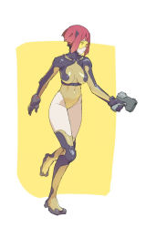 Rule 34 | 1girl, black thighhighs, blunt bangs, bodysuit, breasts, breasts apart, finger on trigger, full body, holding, holding weapon, leotard, looking away, mask, multicolored footwear, original, outside border, parted bangs, red hair, short hair, short hair with long locks, simple background, skin tight, solo, standing, standing on one leg, thighhighs, thighs, timbougami, weapon, yellow background, yellow thighhighs