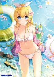 Rule 34 | 1girl, 6u (eternal land), absurdres, arm support, bikini, blonde hair, blue eyes, breasts, drink, drinking straw, earrings, flower, food, from above, hair flower, hair ornament, hair ribbon, hairband, hat, highres, ice cream, innertube, jewelry, long hair, looking at viewer, navel, off shoulder, outdoors, partially submerged, petals, ribbon, sandals, scan, shoes, side-tie bikini bottom, sitting, sleeves past wrists, solo, sun hat, swim ring, swimsuit, unworn shoes, wet, white bikini