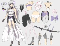 Rule 34 | 1girl, bad id, bad pixiv id, bare shoulders, bug, butterfly, character sheet, gloves, grey background, grey hair, insect, katana, kazari tayu, light smile, long hair, original, purple eyes, shorts, simple background, solo, sword, weapon