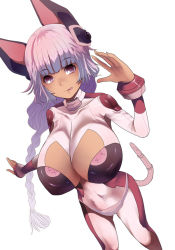 Rule 34 | 1girl, :p, animal ears, bad id, bad pixiv id, blunt bangs, bodysuit, braid, breasts, cleavage, cleavage cutout, clothing cutout, covered navel, dark skin, foreshortening, from above, large breasts, long hair, purple hair, sigetch, single braid, skin tight, tail, tongue, tongue out, very long hair