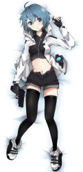 Rule 34 | 1girl, ahoge, artist request, bad id, bad pixiv id, black footwear, black gloves, black thighhighs, blue eyes, blue hair, breasts, character request, commentary request, copyright request, fingerless gloves, from above, full body, gloves, gun, highres, holding, holding gun, holding weapon, hood, hooded jacket, indie virtual youtuber, jacket, long sleeves, looking at viewer, lying, medium breasts, midriff, navel, on back, open clothes, open fly, open jacket, short shorts, shorts, skindentation, solo, stomach, thighhighs, virtual youtuber, weapon, white footwear, white jacket