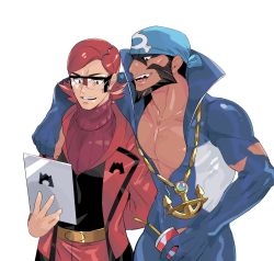 Rule 34 | 2boys, anchor necklace, archie (pokemon), arm behind back, bandana, beard, belt, black eyes, blue bandana, bodysuit, brown hair, commentary request, creatures (company), cup, disposable cup, diving suit, drinking straw, facial hair, game freak, glasses, green (grimy), highres, holding, jewelry, male focus, maxie (pokemon), multiple boys, necklace, nintendo, open mouth, pectoral cleavage, pectorals, pokemon, pokemon oras, red hair, smile, sweater, team aqua, team magma, teeth, tongue, turtleneck, turtleneck sweater, wetsuit, yellow belt