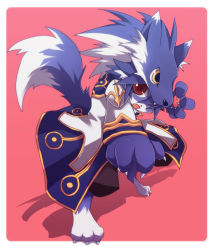 Rule 34 | 1boy, barefoot, blue hair, border, brown pants, claws, coat, commentary request, emon-yu, full body, furrification, furry, furry male, high priest (ragnarok online), long sleeves, looking at viewer, male focus, open mouth, pants, pink background, ragnarok online, red eyes, short hair, simple background, solo, standing, white border, white coat, wolf hat