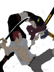 Rule 34 | 2boys, abs, artist request, bare legs, battle, black hair, dracule mihawk, expressionless, fighting, highres, holding, holding sword, holding weapon, jumping, looking at another, multiple boys, muscular, muscular male, one piece, red hair, serious, shanks (one piece), short hair, simple background, sword, twitter username, weapon, yellow eyes, yoru (one piece)