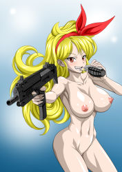 Rule 34 | 1girl, armpits, blonde hair, blush, breasts, clenched teeth, cowboy shot, curly hair, dragon ball, explosive, gradient background, grenade, groin, hair ribbon, highres, holding, holding weapon, large breasts, legs, long hair, lunch (dragon ball), mouth hold, navel, nel-zel formula, nipples, no pussy, nude, open mouth, red eyes, ribbon, simple background, smile, solo, standing, teeth, thighs, weapon