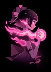 Rule 34 | 1girl, appi, black background, black hair, blunt bangs, dark, earrings, fire, fire, highres, jewelry, nail polish, original, pink fire, pink nails, pink theme, profile, short hair, sidelocks, solo, upper body