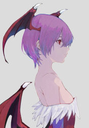 Rule 34 | 1girl, bare shoulders, bat wings, breasts, demon girl, fur trim, grey background, head wings, highres, levvellevvel, lilith aensland, pink hair, red eyes, red wings, short hair, small breasts, solo, strapless, vampire (game), wings