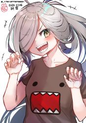 Rule 34 | 1girl, ahoge, akizuki shigure, alternate costume, asashimo (kancolle), blush, brown shirt, character name, claw pose, dated, domo-kun, grey hair, hair over one eye, highres, kantai collection, long hair, nhk (broadcaster), one-hour drawing challenge, open mouth, ponytail, sharp teeth, shirt, shitty t-shirt naval base, short sleeves, simple background, solo, teeth, transparent background, twitter username, white background, yellow eyes