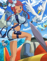 Rule 34 | 10s, 1girl, aircraft, airplane, belt, blue eyes, blue footwear, blue sky, boots, breasts, cloud, creatures (company), day, ducklett, game freak, gen 5 pokemon, gloves, goggles, gym leader, hair ornament, heart, knee boots, large breasts, leg lift, looking at viewer, midriff, mountain, navel, nintendo, one eye closed, pokemoa, pokemon, pokemon (creature), pokemon bw, propeller, red hair, shorts, sky, skyla (pokemon), smile, solo, standing, standing on object, swanna, swoobat, thigh strap, tranquill, vehicle, wink